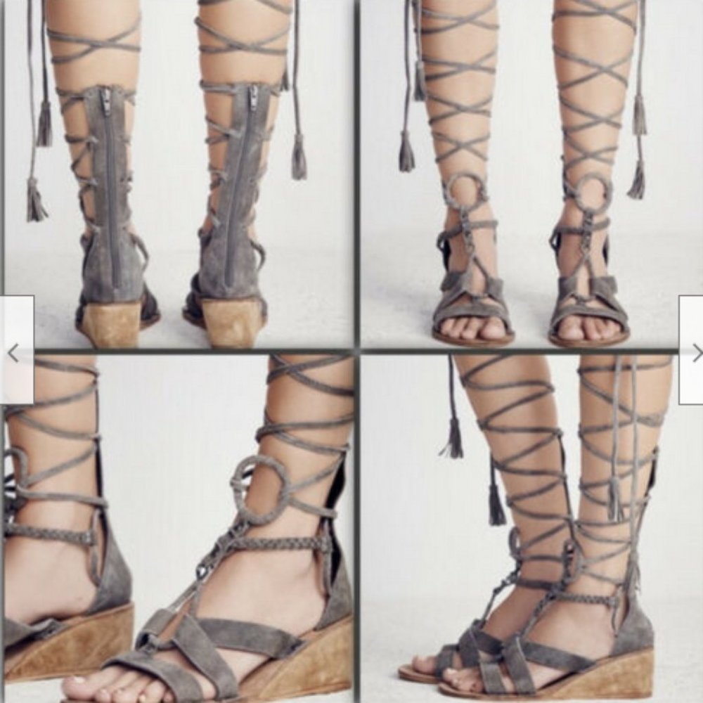 NEW FREE PEOPLE 38 8 SALTARELLO MINI WEDGE GLADIATOR LACE UP SANDAL SUEDE GRAY